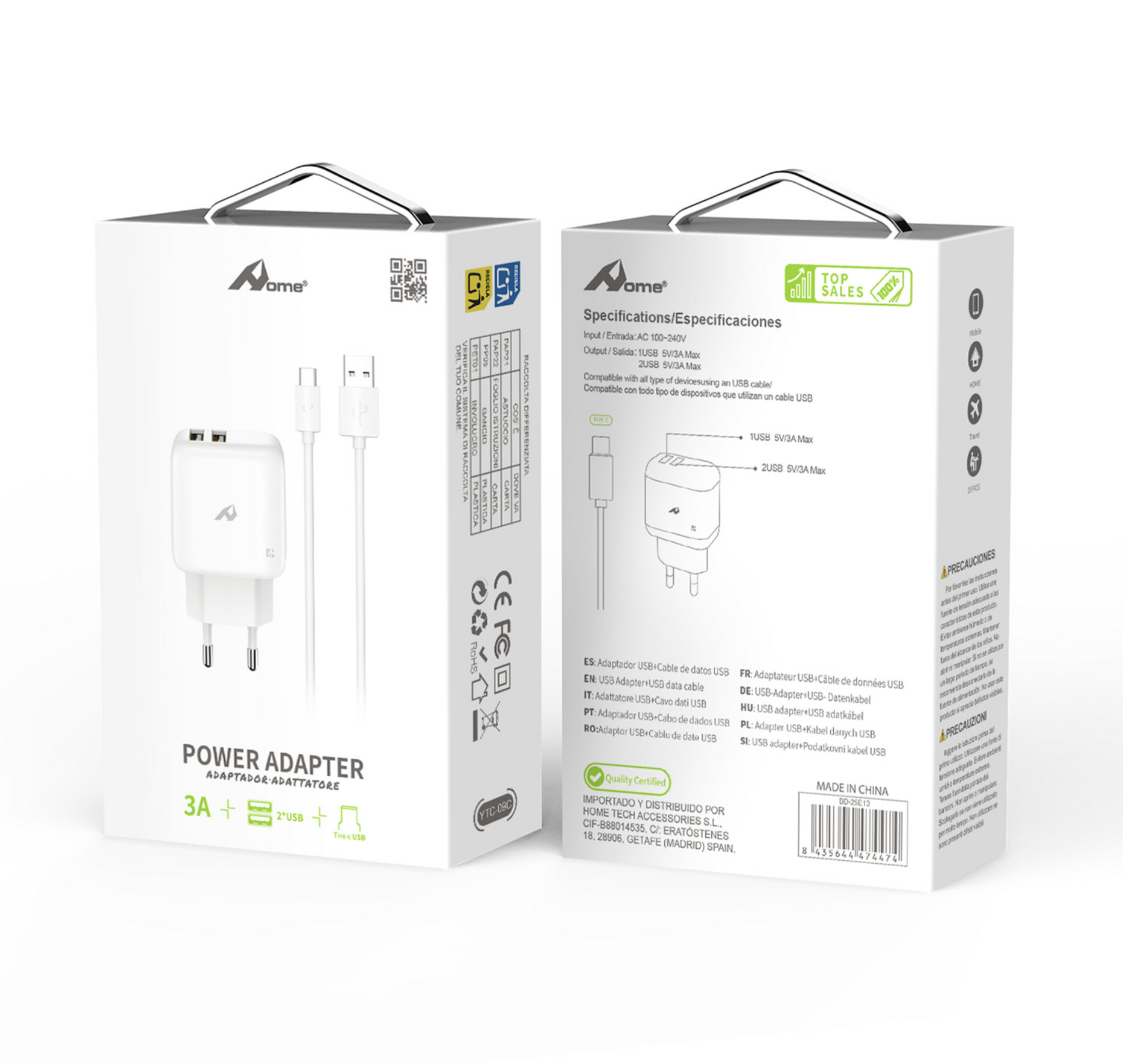 Adaptador USB 3A Doble Puerto con Cable Micro USB, Tipo C o Lightning YTC-09 - Imagen 3