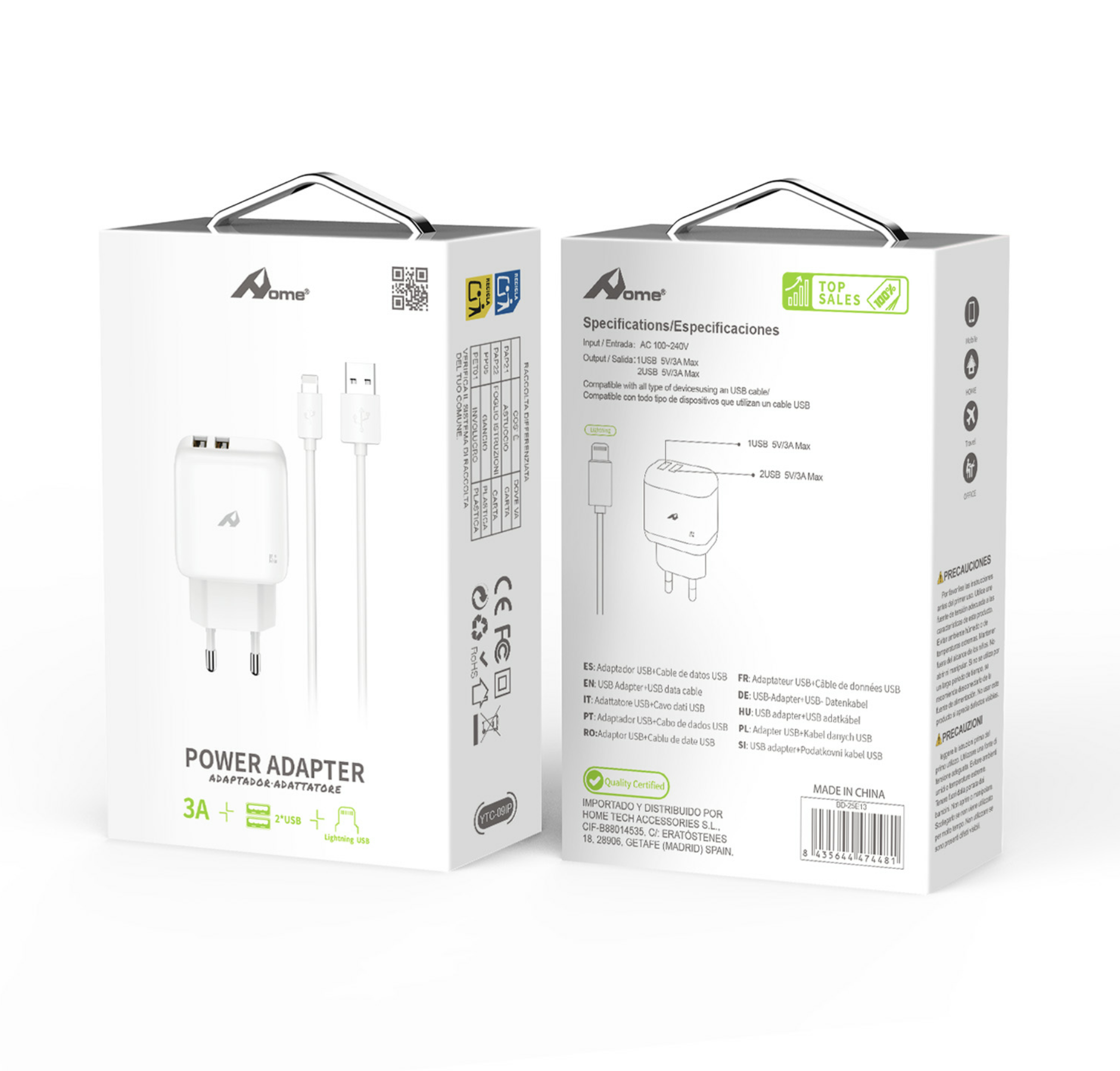 Adaptador USB 3A Doble Puerto con Cable Micro USB, Tipo C o Lightning YTC-09 - Imagen 2