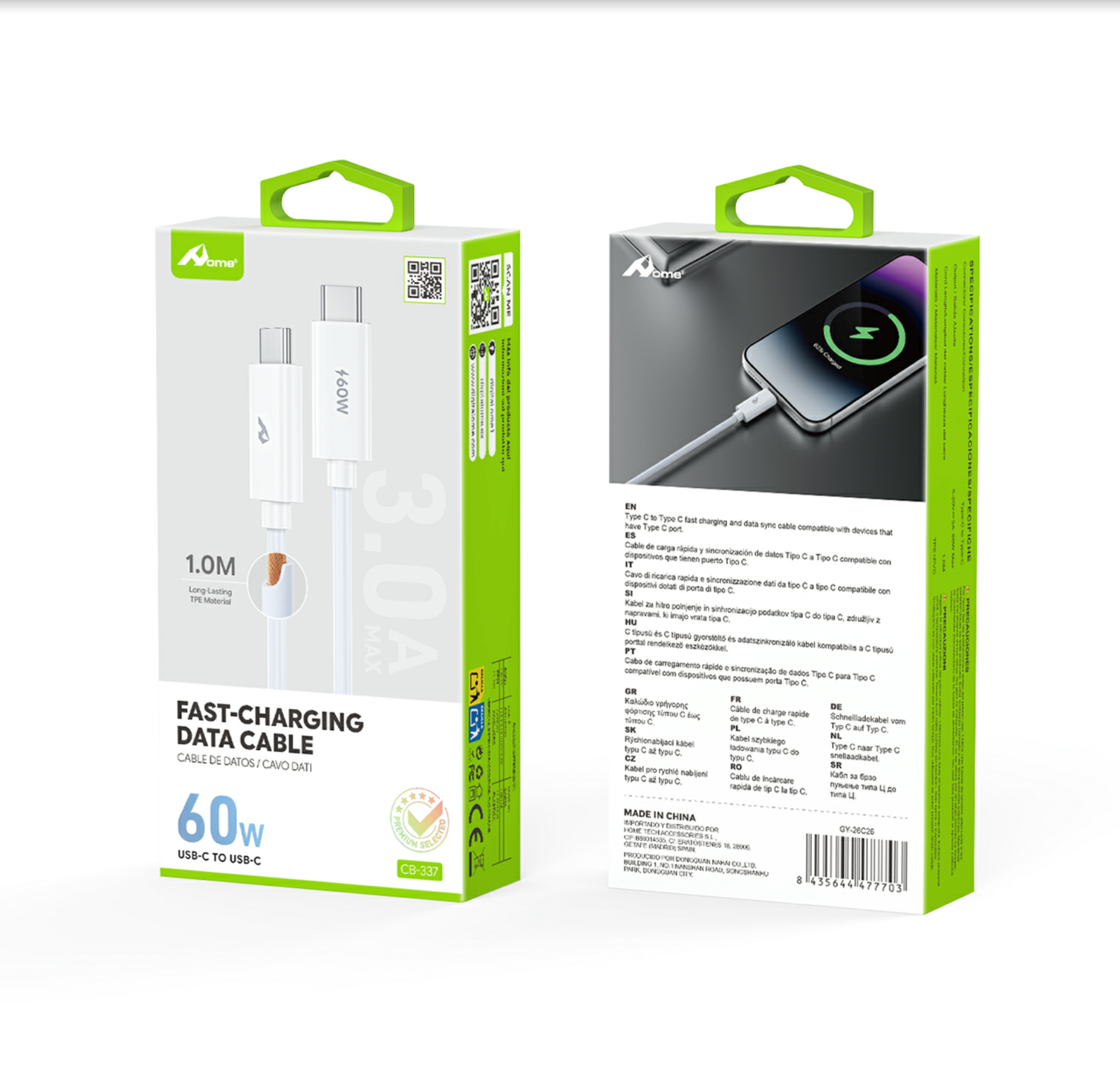 Cable USB-C a USB-C 60W de Carga Rápida y Transferencia de Datos CB-337