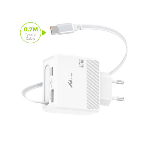 Cargador GaN 45W USB-C + USB-A con Cable Tipo C Retráctil – TC-270
