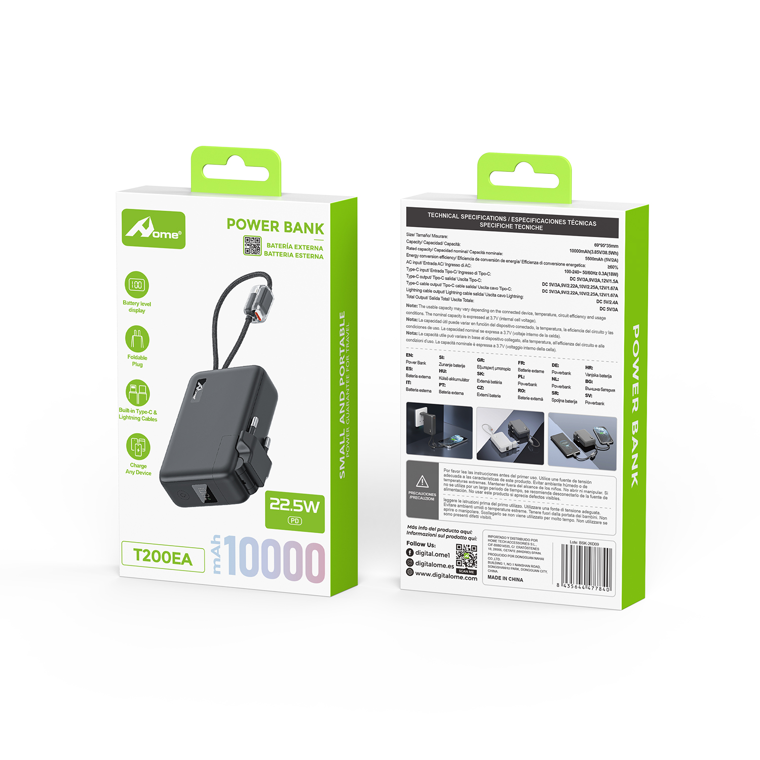 Power Bank 10.000 mAh 22.5W con Enchufe Plegable y Cables Integrados T200EA Negro