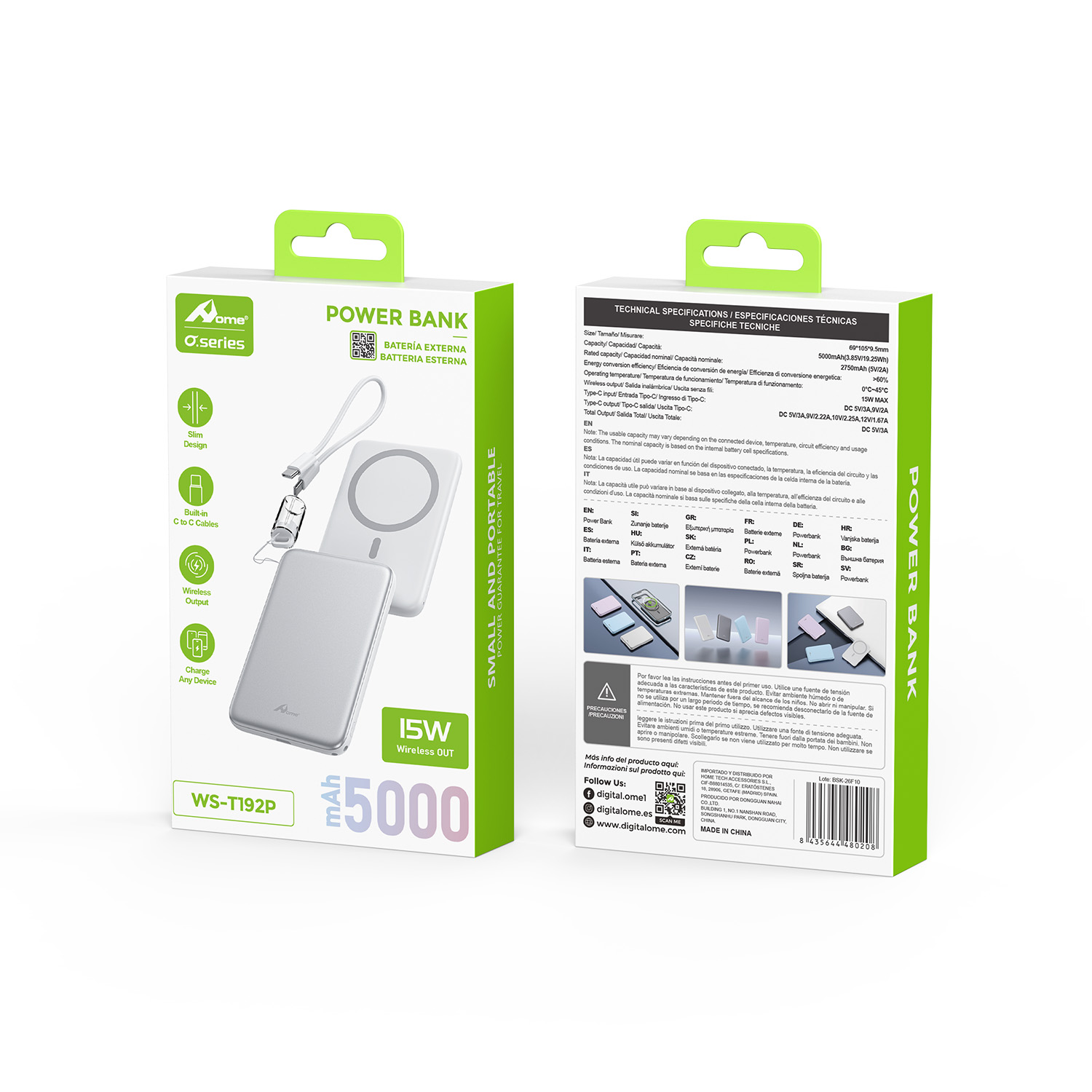 Power Bank Magnético 5.000 mAh con Carga Inalámbrica 15W y Cable USB-C Colgante WS-T192P Plata