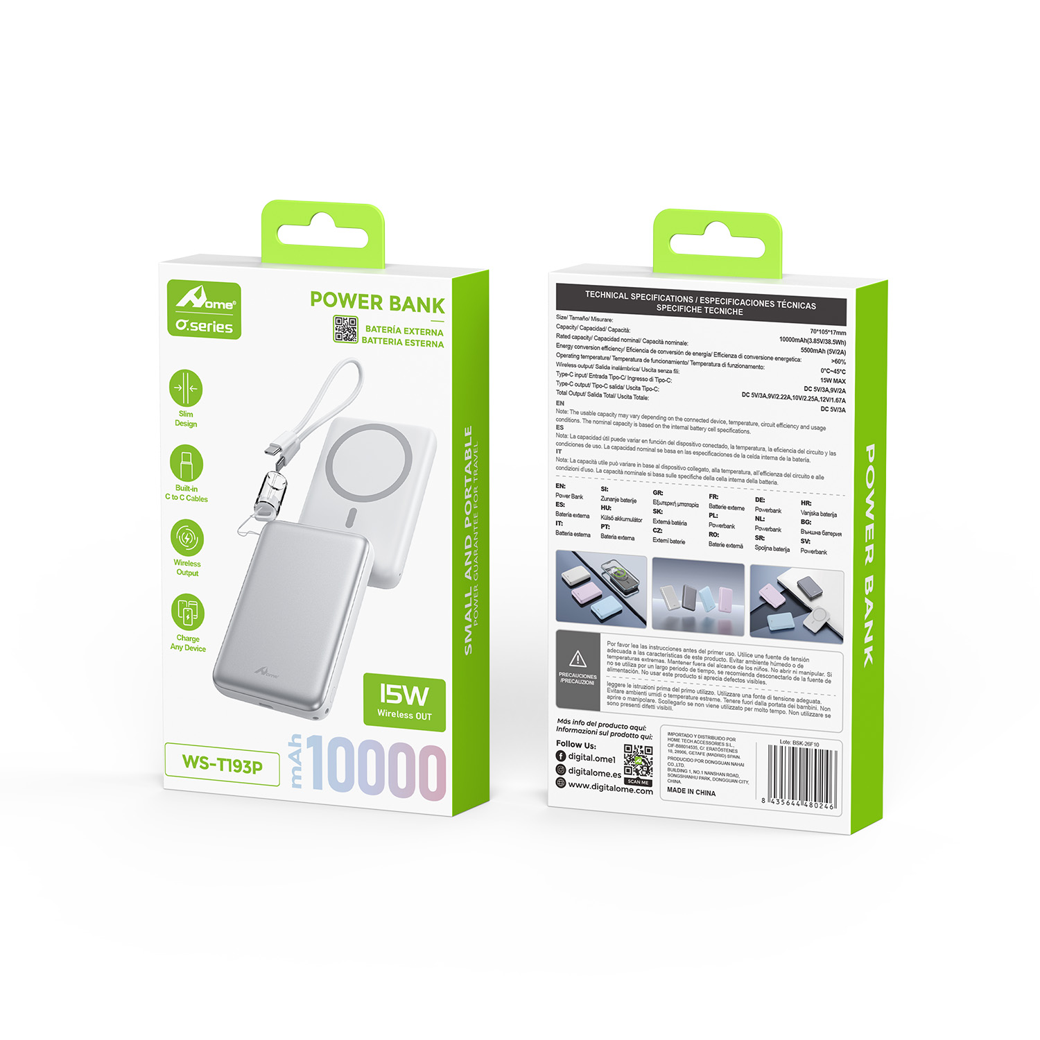 Power Bank Magnético 10.000 mAh con Carga Inalámbrica 15W y Cable USB-C Colgante WS-T193P Plata