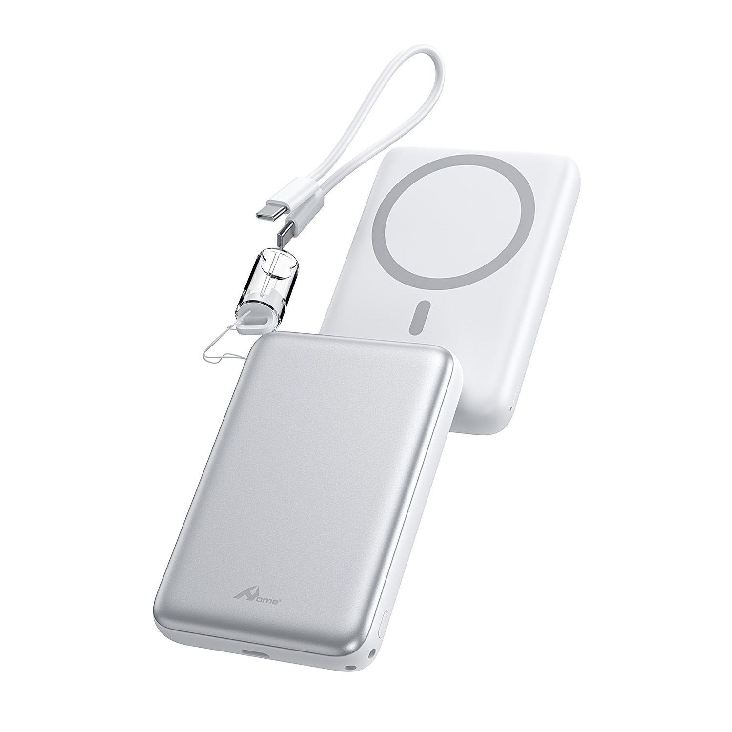 Power Bank Magnético 10.000 mAh con Carga Inalámbrica 15W y Cable USB-C Colgante WS-T193P Plata