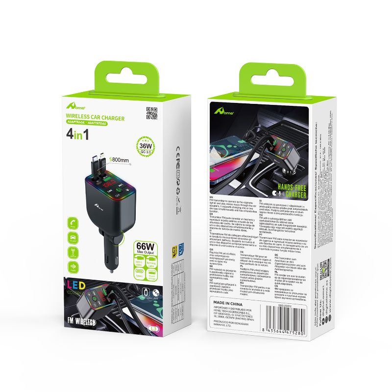 Transmisor FM Bluetooth + Cargador de coche 4 en 1 66W – L3