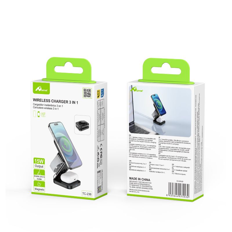 Cargador inalámbrico magnético 3 en 1 plegable 15W – TC-236